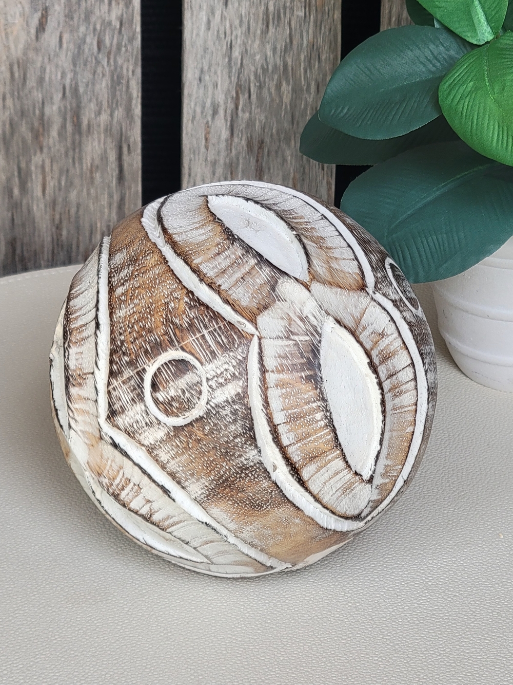 Hand-Carved Decorative Wood Sphere - White and Brown Home Accent - Picture 4 of 4